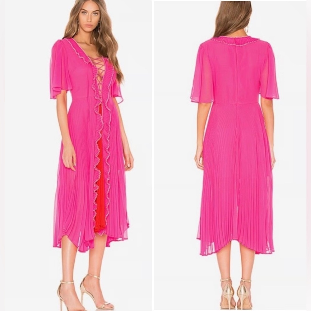 New! Anthropologie x Delfi Collective Gwen Lace up Ruffe Pleated Pink Dress❤️‍🔥